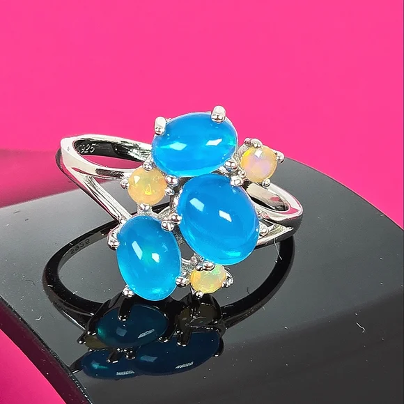 925 Sterling Silver Ring with Natural Oval Blue Opal 8x6mm & Fire Opal Gemstones - Picture 1 of 14